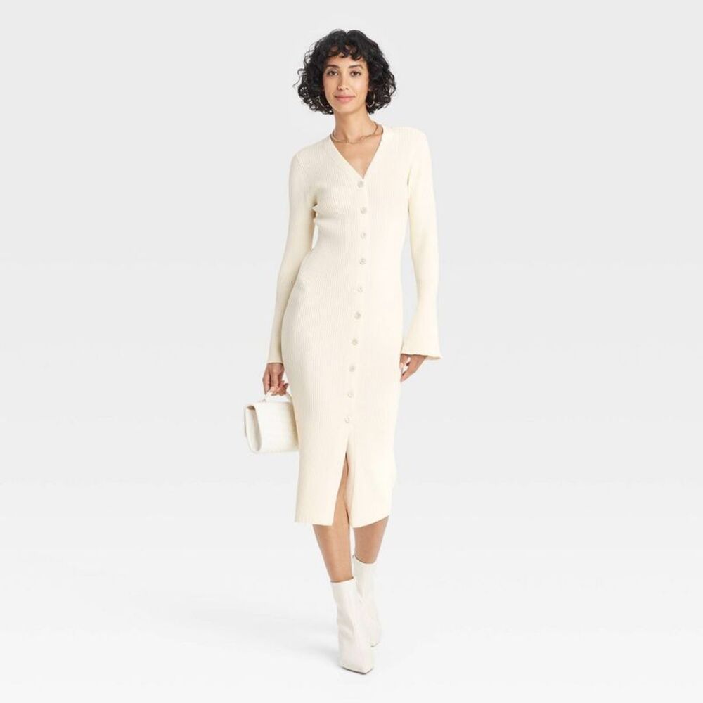 A New Day - Women's Bell Long Sleeve Midi Sweater Dress - A Ne Cream - Picture 3 of 4